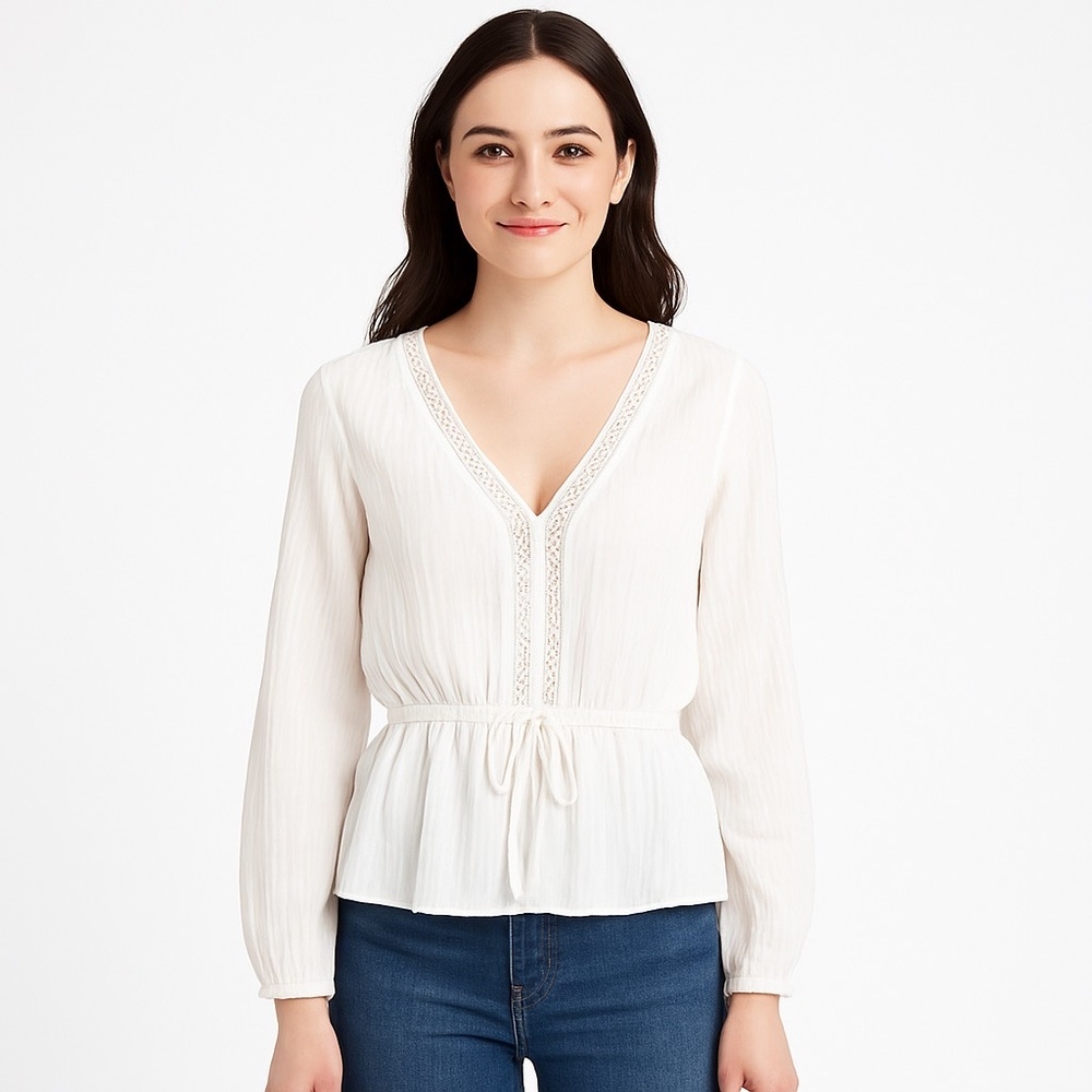Ambiance White Rayon Long Sleeve Peasant Blouse Lace Trim‎ Peplum Small